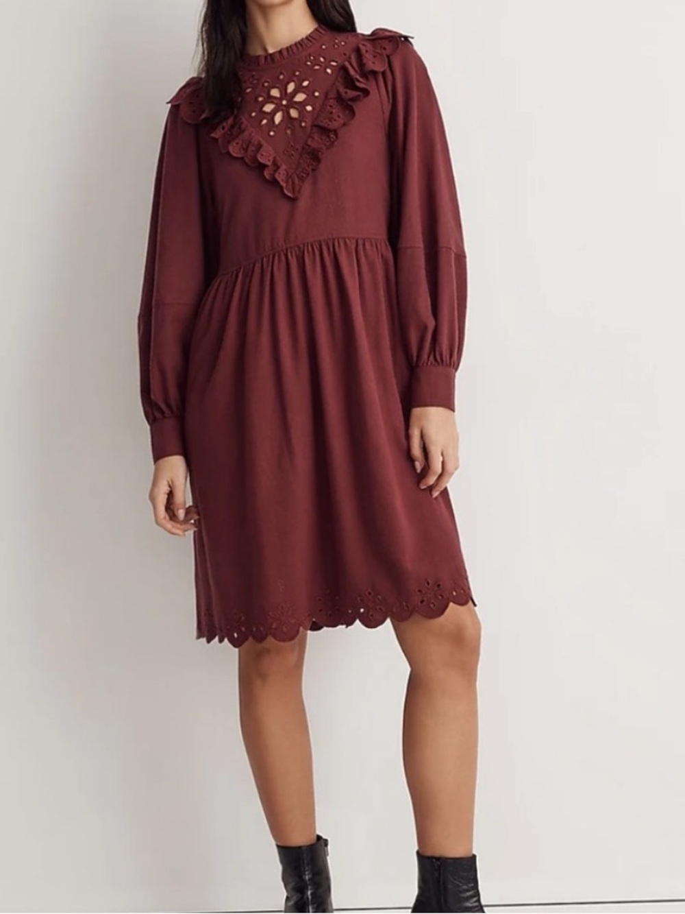 Madewell Embroidered Ruffled Flannel Mini Dress in a burgundy color